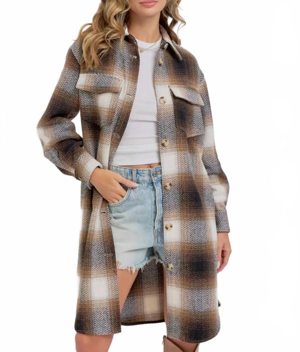 NEW SWEET LOVELY BY JEN issa plaid shacket in brown/black